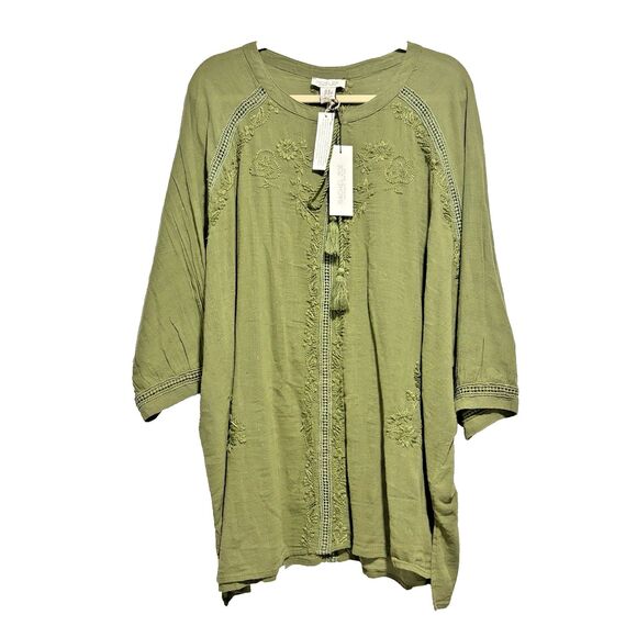 Rachel Zoe Peasant Top 2X Green Embroidered 3/4 Sleeve Boho Cottagecore NEW Line - Picture 2 of 11
